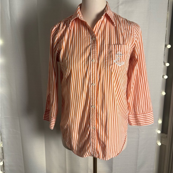 Lauren Ralph Lauren Orange Striped Button Down Shirt 3/4 Sleeves - Picture 1 of 9
